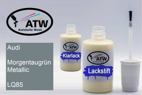 Audi, Morgentaugrün Metallic, LQ85: 20ml Lackstift + 20ml Klarlack - Set, von ATW Autoteile West.